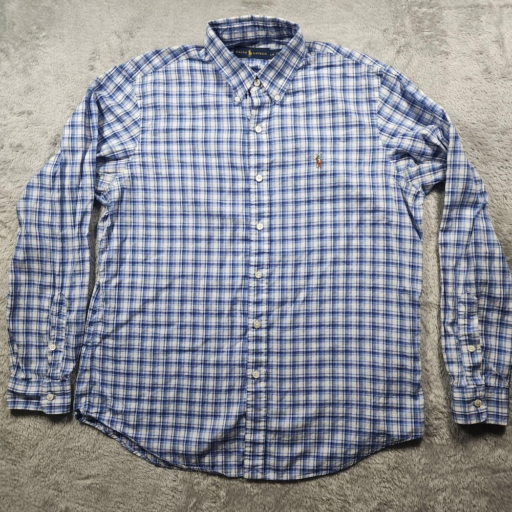 Ralph Lauren Shirt Mens Large Blue Plaid Long Sleeve Button Down Flesh Pony - Picture 5 of 10